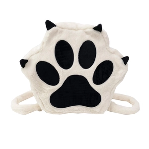 Creative plush cat paw backpack in black and white faux fur with spacious interior
