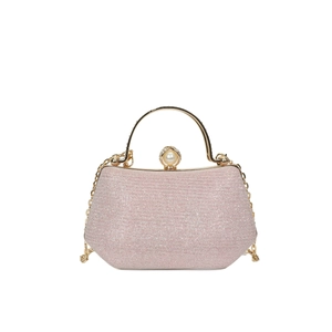 Pale pink sparkling rhinestone evening bag with round top handle and gold chain strap