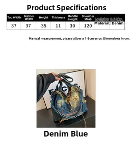 Detailed size guide table for this denim bucket tote bag with measurements in cm