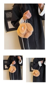 Detail of plush rabbit crossbody bag with pearl strap and carrot embroidery accents
