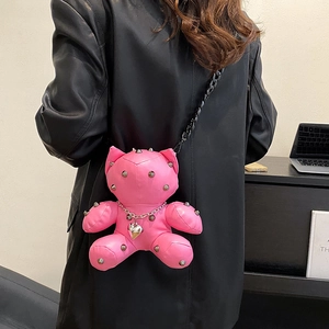 Creative pink bear-shaped crossbody bag with punk metal rivets and heart pendant