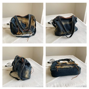 Detailed four-angle view of distressed denim bucket bag with frayed holes and metal zippers
