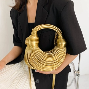 Women Metallic PU Leather Woven Hobo Handbag Knot Detail Noodle Design Shoulder Crossbody Bag