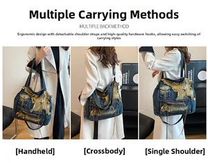 Three-way carry denim bucket bag with distressed fringe and adjustable shoulder strap