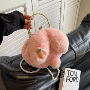 Plush Rabbit Ears Crossbody Bag Faux Fur Handbag Artificial Pearl Chain Golden Handle Cute Cartoon Bunny Shape Women Girls