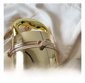 Detail of the golden cylinder bag showing the elegant ball clasp and metallic top handle