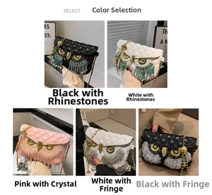 Collage de sacs hibou avec strass et pompons, disponibles en plusieurs couleurs et finitions