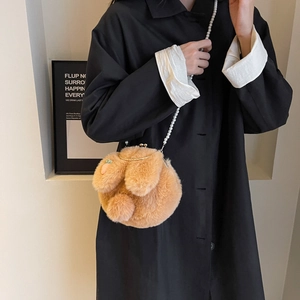 Cute plush rabbit crossbody bag with long ears and pearl strap for autumn and winter