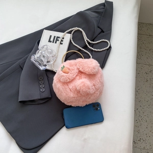 Pink plush rabbit ear round bag with pearl chain and golden handle for women