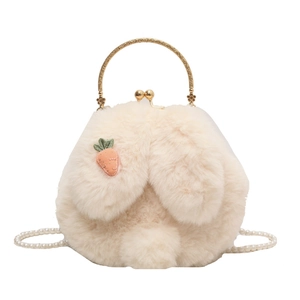 Cute bunny plush crossbody bag with long ears and pearl chain in cream white