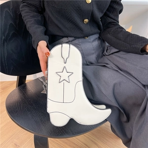 Creative white cowboy boot shaped crossbody bag with star embroidery and chain strap