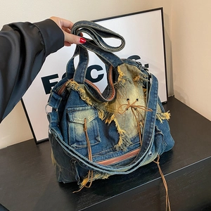 Vintage Denim Shoulder Bag Large Capacity Washed Distressed Patchwork Star Tote Bag Y2K Streetwear Casual