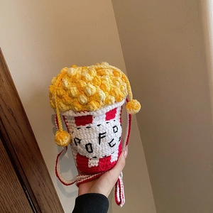 Popcorn Bucket Crossbody Bag Handmade Crochet Knitted Red White Striped Creative Novelty Shoulder Purse For Women Girls