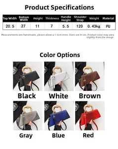 Size guide for crocodile pattern saddle bag showing PU material dimensions and strap length