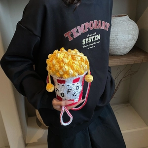 Creative popcorn crochet bucket bag with red and white stripes for women