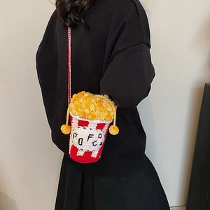 Cute knitted popcorn shoulder bag with red stripes and yellow wool balls for women