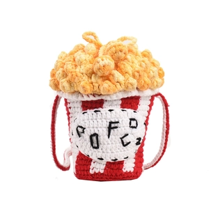 Handmade knitted popcorn bucket shoulder bag with red and white stripes for women