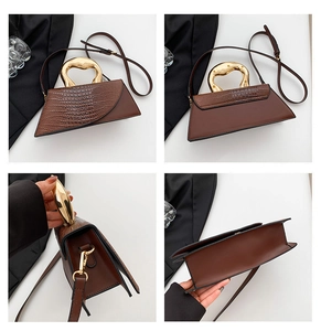 Detailed four-way views of a brown crocodile texture handbag with gold irregular metal handle