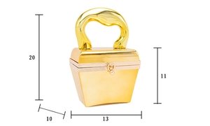 Vorderansicht einer goldenen Acryl-Abendtasche mit spezifischen Maßen und Größendetails