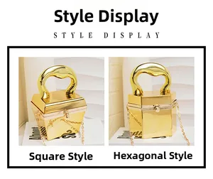 Detaillierter Vergleich von goldenen geometrischen Acryl-Clutches in Quadrat und Hexagon