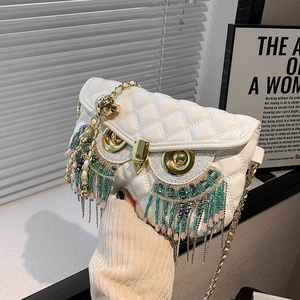 Sac À Épaule Forme Hibou Cuir PU Matelassé Gland Strass Bandoulière Chaîne Mode Femmes Petit Sac Carré