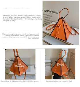 Orange triangular PU bag detail showing 20x20x20cm size and adjustable shoulder strap
