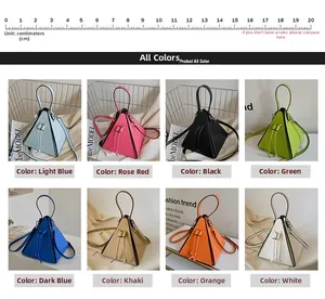 Detailed multi-color display of triangular crossbody bags with 20cm scale reference