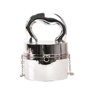 Silver mirror mini cylinder handbag with curved handle and sleek metal chain strap