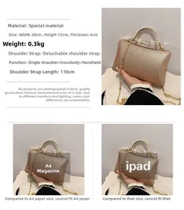 Detailed dimensions of sparkling champagne evening bag with ring handle and chain strap