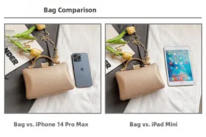 Gold sequin clutch bag size comparison with phone and tablet for evening occasions