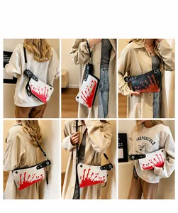 Detailed views of creative kitchen knife shaped crossbody bag with red splatter design