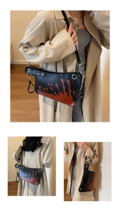 Detailed views of creative meat cleaver crossbody bag with red splatter pattern
