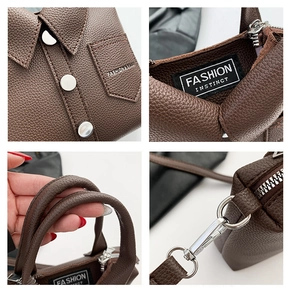Detailed views of dark brown lychee leather bag with shirt collar design and silver rivets