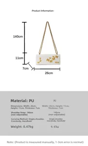 Detailed view of white PU leather crossbody bag with butterfly decor and size dimensions