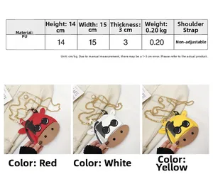 Detailed view of mini cartoon cow chain bags in red, white and yellow with PU leather