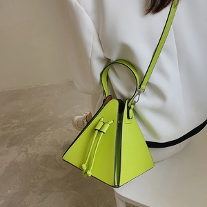 Fluorescent green geometric triangle bag with drawstring design and detachable strap