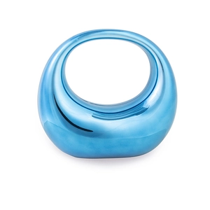 Sky blue acrylic crescent handbag with metallic finish and round hollow handle for women