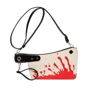 Kitchen knife shaped crossbody bag with red blood splatter pattern and black trim