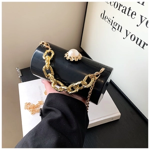 Detail of black acrylic box bag featuring pearl clasp and bold gold chain strap