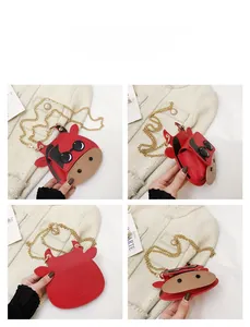 Detailed four-view of mini cow-shaped red crossbody bag with cute 3D ears and gold chain