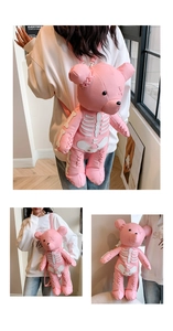 Close-up of pink leather bear backpack featuring white skeleton embroidery and straps