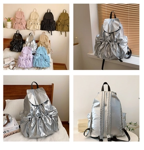 Detailed grid view of large drawstring backpacks in multiple colors and silver finish