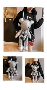 Detail of silver skull bear backpack featuring metallic PU leather and gothic cross-stitching