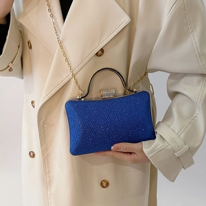 Royal blue sequin evening clutch bag with gold handle and diamond buckle for women