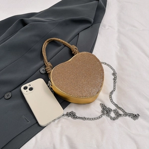 Sac de soirée doré en forme de cœur avec strass, anneau à main étincelant et chaîne