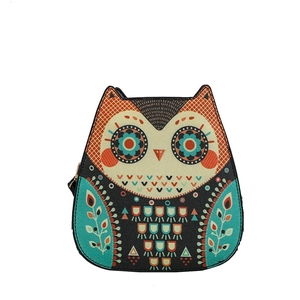 Bohemian cartoon owl crossbody bag with colorful patterns on a clean white background