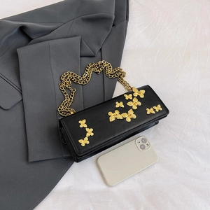 Fashionable black square crossbody bag with gold butterfly accents and chain strap