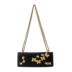 Chic black crossbody square bag with 3D gold butterfly relief and chunky chain strap