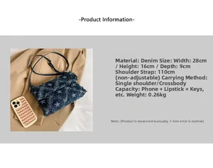 Close-up of star denim crossbody bag showing size 28x16x9cm and material details