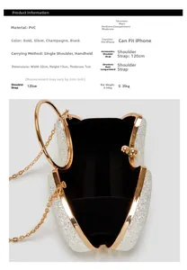 Detail view of sparkly sequin evening bag with gold ring handle and size specifications